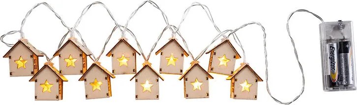 Svetelná reťaz s drevenými domčekmi