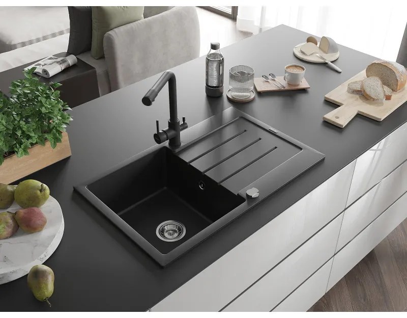 Mexen Bruno, 1-komorový granitový drez s odkvapkávačom 795x495x200 mm a čierna batéria Duero, čierna, 6513-77-671600-70