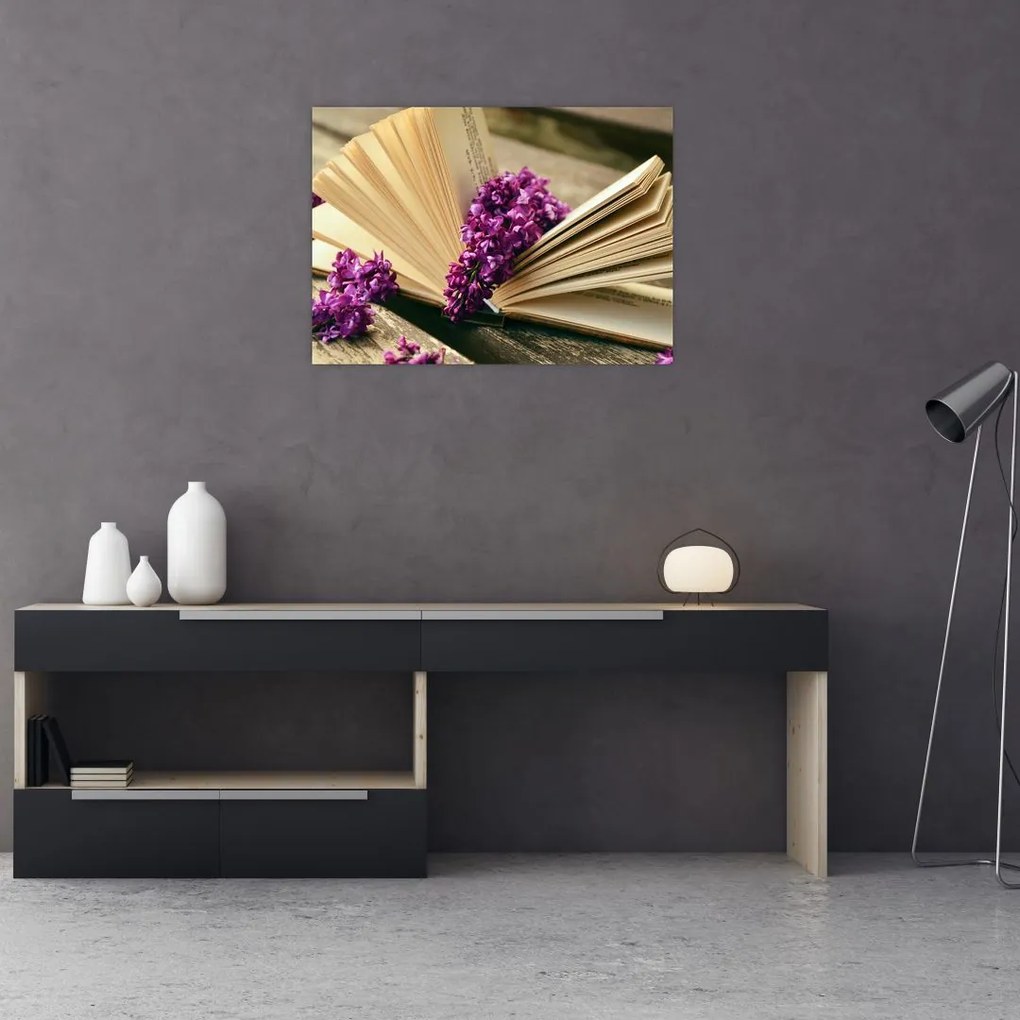Sklenený obraz knihy a fialovej kvetiny (70x50 cm)