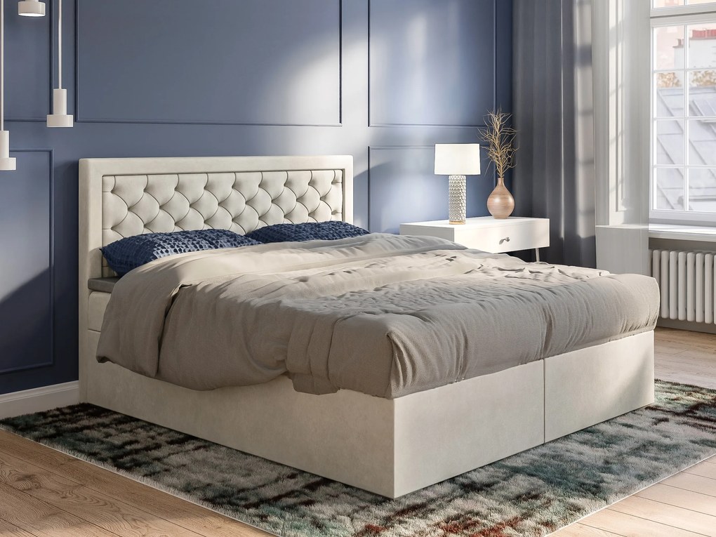 Manželská posteľ Boxspring 160 cm Bohem (slonovinová) (s matracom a úl. priestorom). Akcia -20%. Vlastná spoľahlivá doprava až k Vám domov. 1043355
