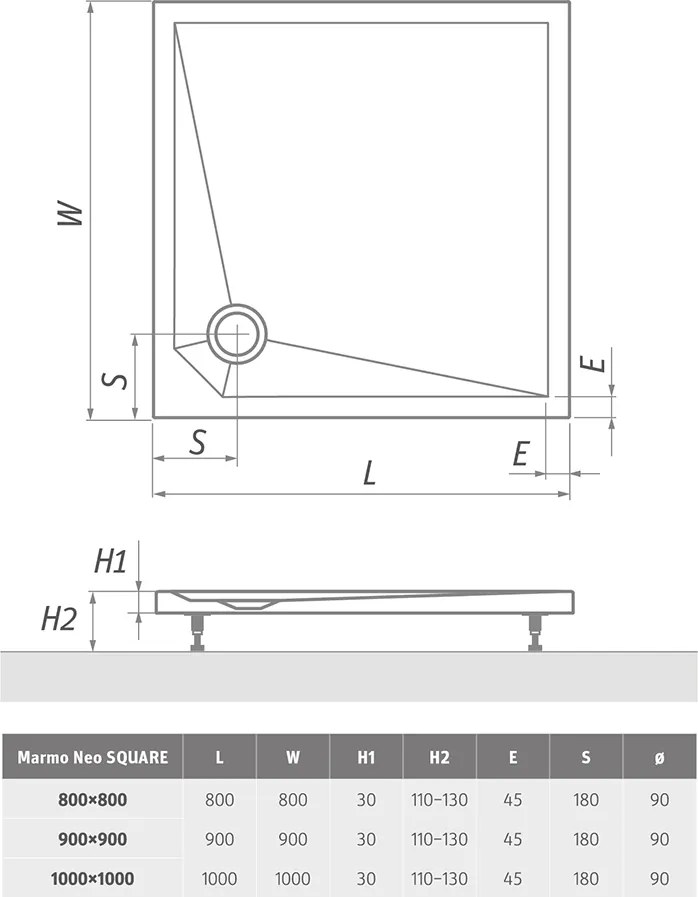 Roth Štvorcová sprchová vanička z liateho mramoru MARMO NEO SQUARE-S ROTH-Variant: rozmery: 100x100 cm - (MARMO NEO SQUARE-S 1000 - MAN SQ 100100 2E)