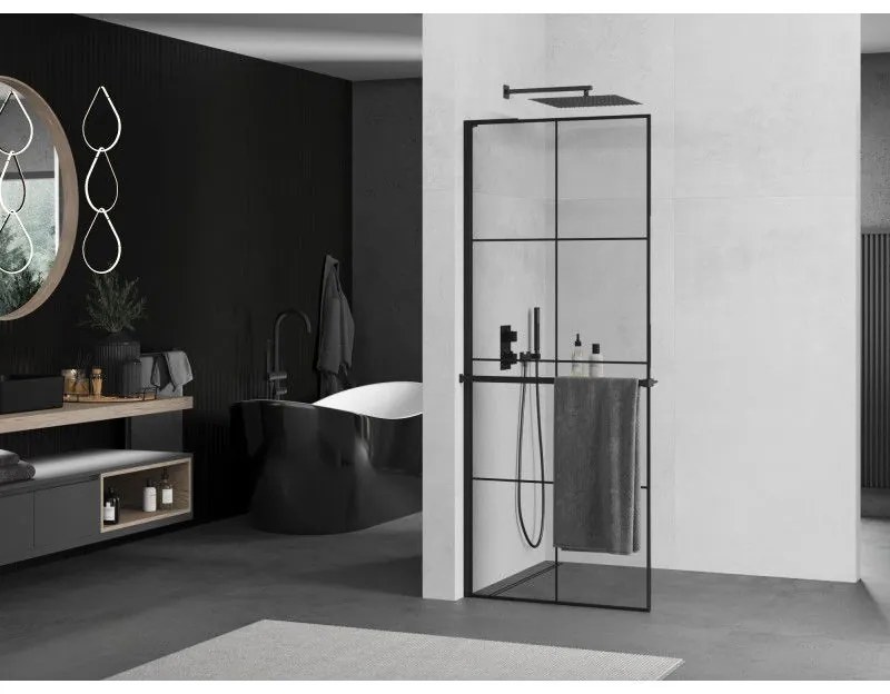 Mexen Kioto+ L, sprchová zástena Walk-In s poličkou a vešiakom 70 x 200 cm, 8mm číre sklo čierny vzor, čierny profil, 800-070-123-70-77