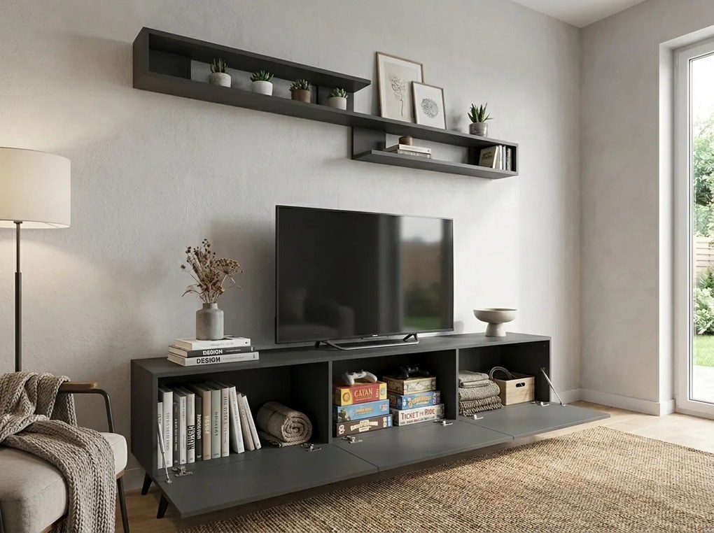 TV stolík MIYA 150 cm s nástennou policou, antracitový