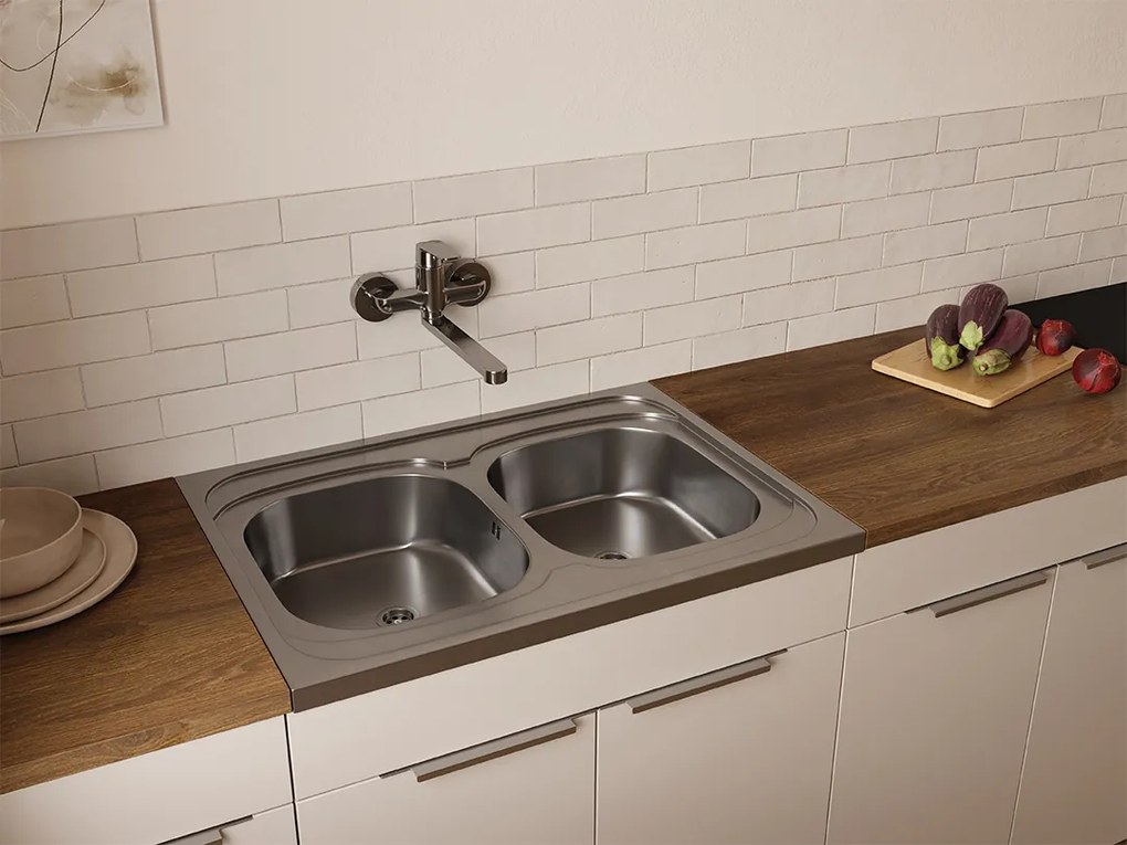 Kuchinox Kuchinox, 2-komorový nerezový drez 800x600x155 mm na položenie na skrinku, hladký dekor, oceľová, LAV-SK2_020T