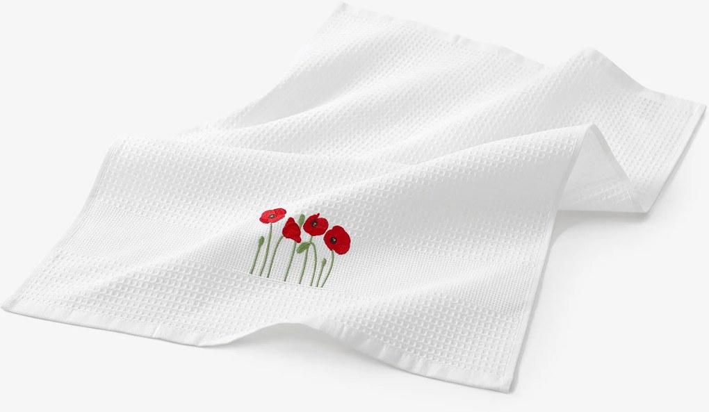 Goldea kuchynská vaflová utierka s výšivkou - vlčie maky na bielom 50 x 70 cm