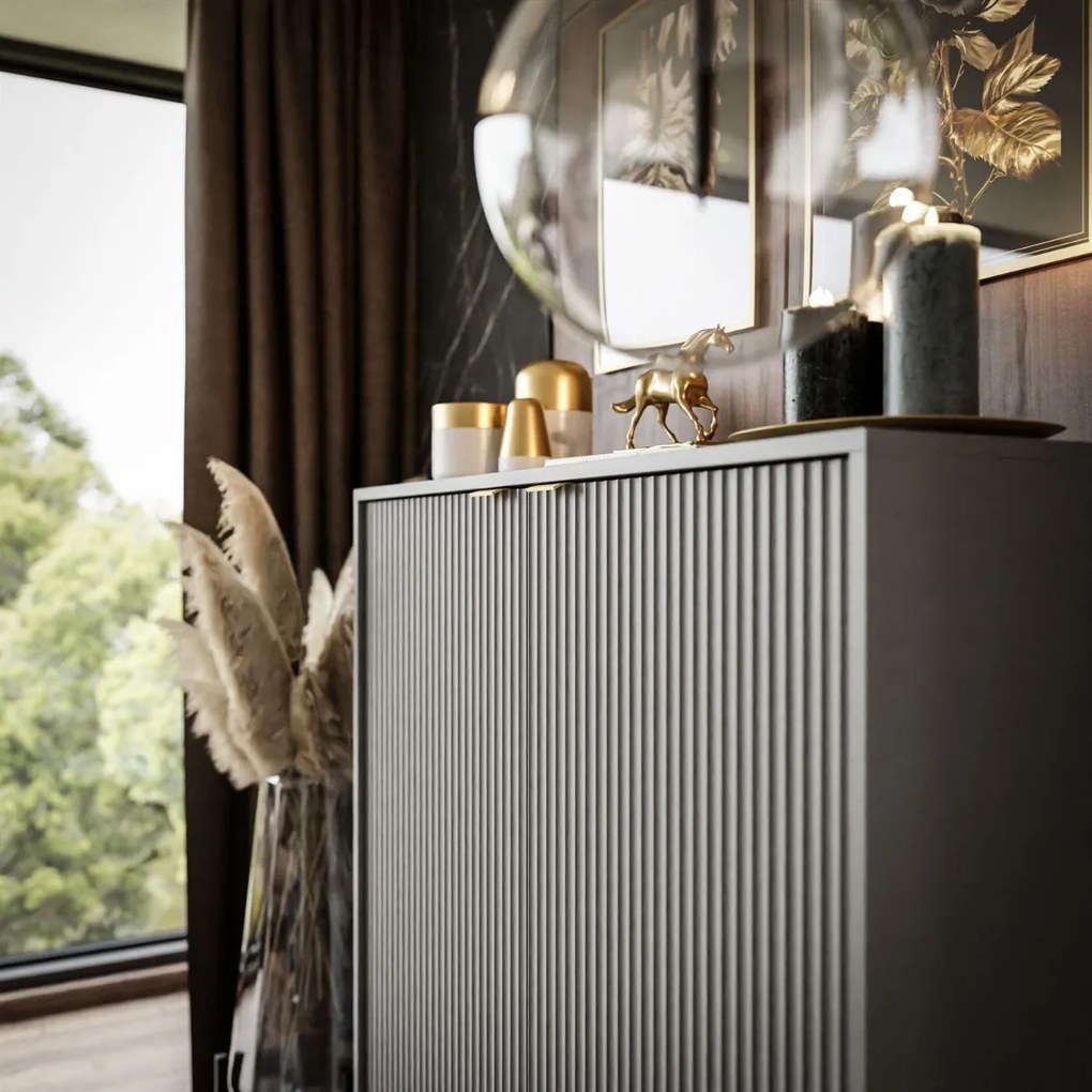 KOMODA VYSOKÁ VIGGO ŠEDÁ + ZLATÝ PODSTAVEC 104 cm