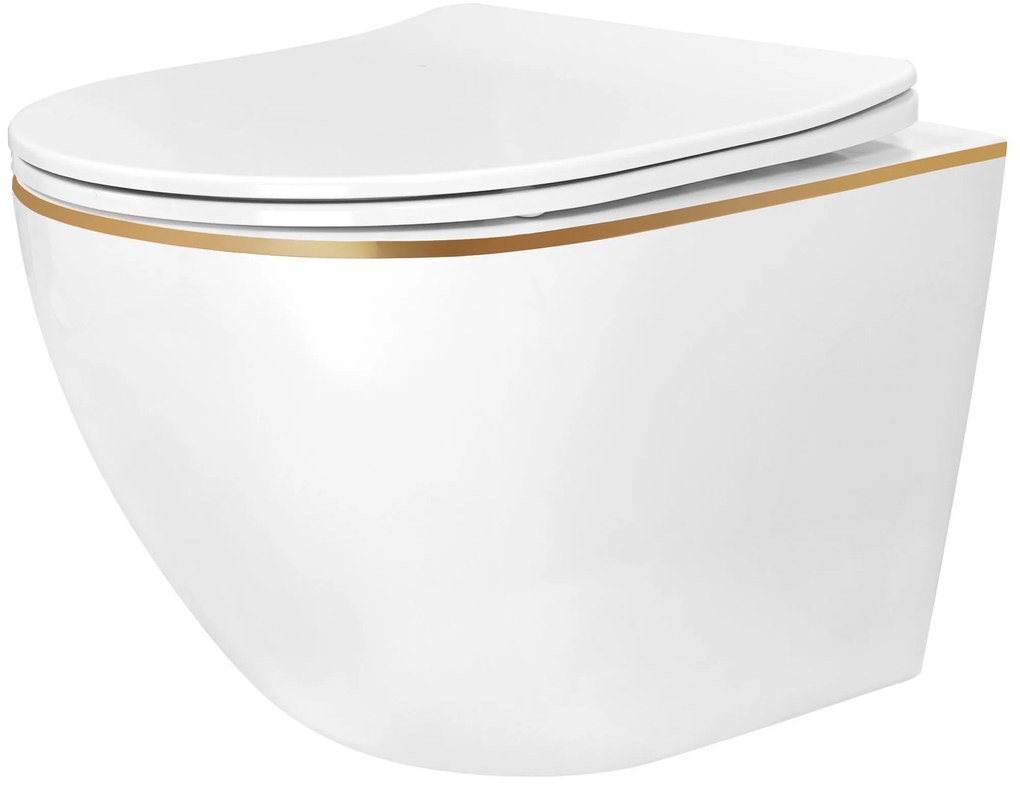 Rea Carlo Mini Tornado, závesná WC misa 490x355x350mm + toaletné sedadlo, biela-zlatý okraj, REA-C6801