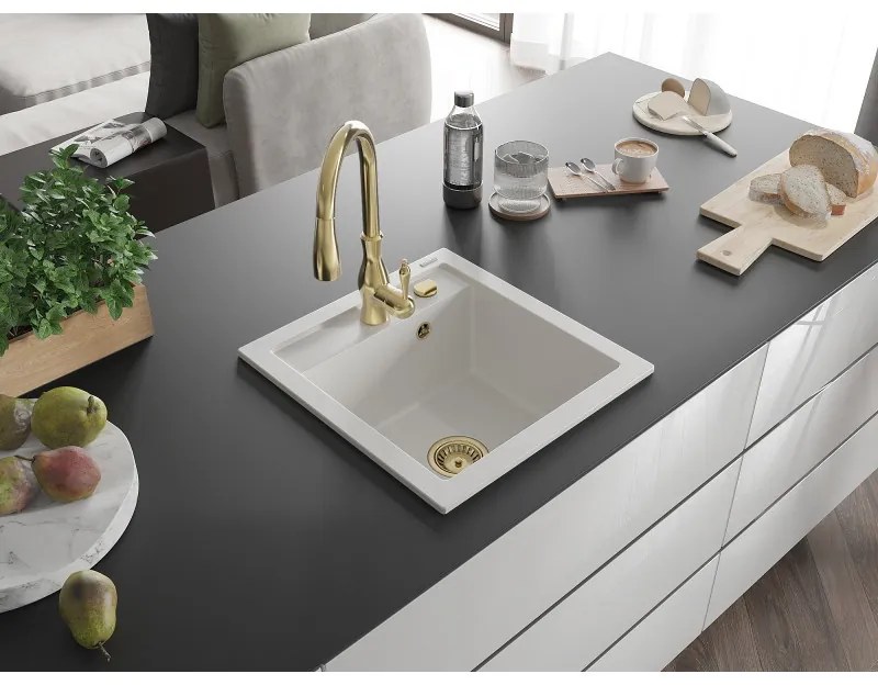 Mexen Vito, 1-komorový granitový drez 520x490x210 mm a drezová batéria Savita, biela, 6503-20-672601-50