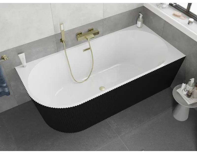 Mexen Silo, rohová voľne stojaca ryhovaná vaňa, pravá, 170 x 80 cm, biela-čierna, zlatý matný prepad, 52891708075P-55