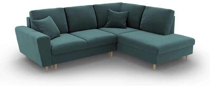 Zamatová rozkladacia/s úložným priestorom rohová pohovka v petrolejovej farbe (pravý roh/do L) Kyoto – Cosmopolitan Design