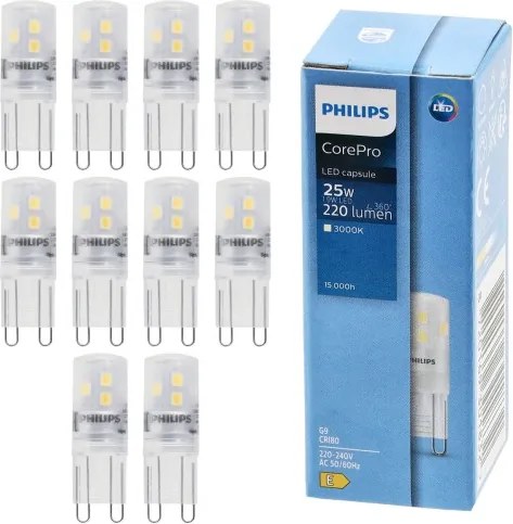 10x G9 LED žiarovka PHILIPS 1,9W 25W 220lm teplá biela 3000k sada žiaroviek