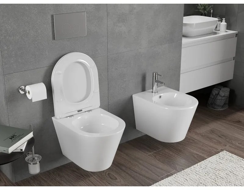 Mexen Rico, závesná WC misa 490x360x370 mm, Rimless Tornádo + WC sedadlo z duroplastu, biela lesklá, 30720400T