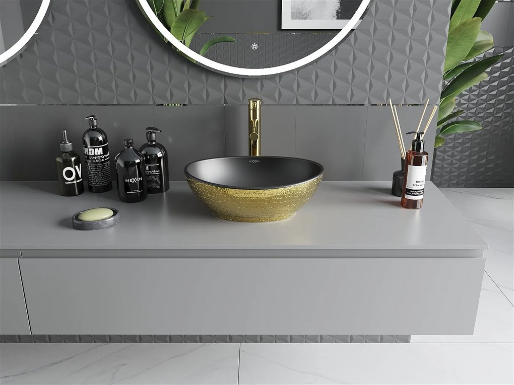 Mexen Elza, keramické umývadlo na dosku 405 x 330 mm, čierna matná-zlatý vzor, 21014028