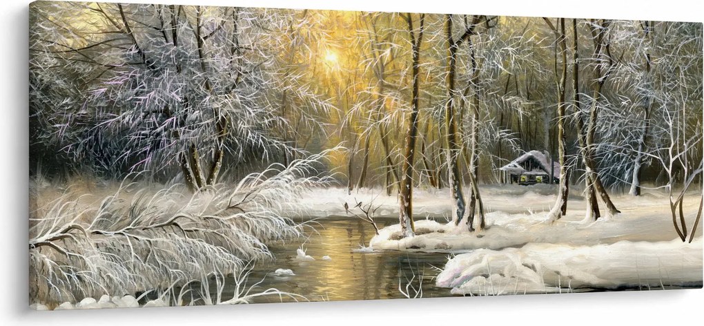 Obraz - Chalúpka v lese, olejomaľba (120x50 cm)