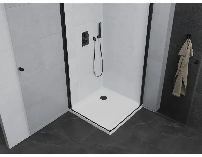 Mexen Pretoria Duo, 2-krídlový sprchovací kút 90(dvere) x 90(dvere) x 190 cm, 6mm číre sklo, čierny profil + slim sprchová vanička 5cm, biela, 852-090-090-70-02-4010B