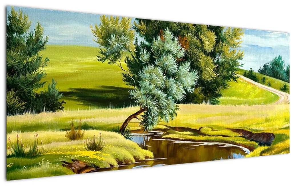 Obraz - Rieka medzi lúkami, olejomaľba (120x50 cm)