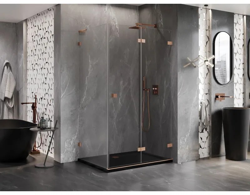 Mexen Lunar-F L, 1-krídlový sprchový kút so skladacími dverami, pravý, 90 x 80 cm, 8mm číre sklo, medený profil, 836L-090-080-65-00-P