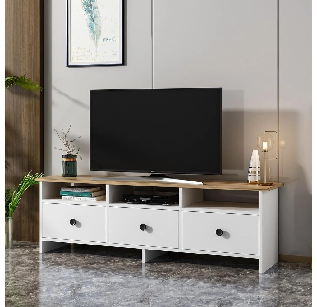 TV stolík/skrinka Ossa (biela + dub zafírový). Akcia -19%. Vlastná spoľahlivá doprava až k Vám domov. 1088863