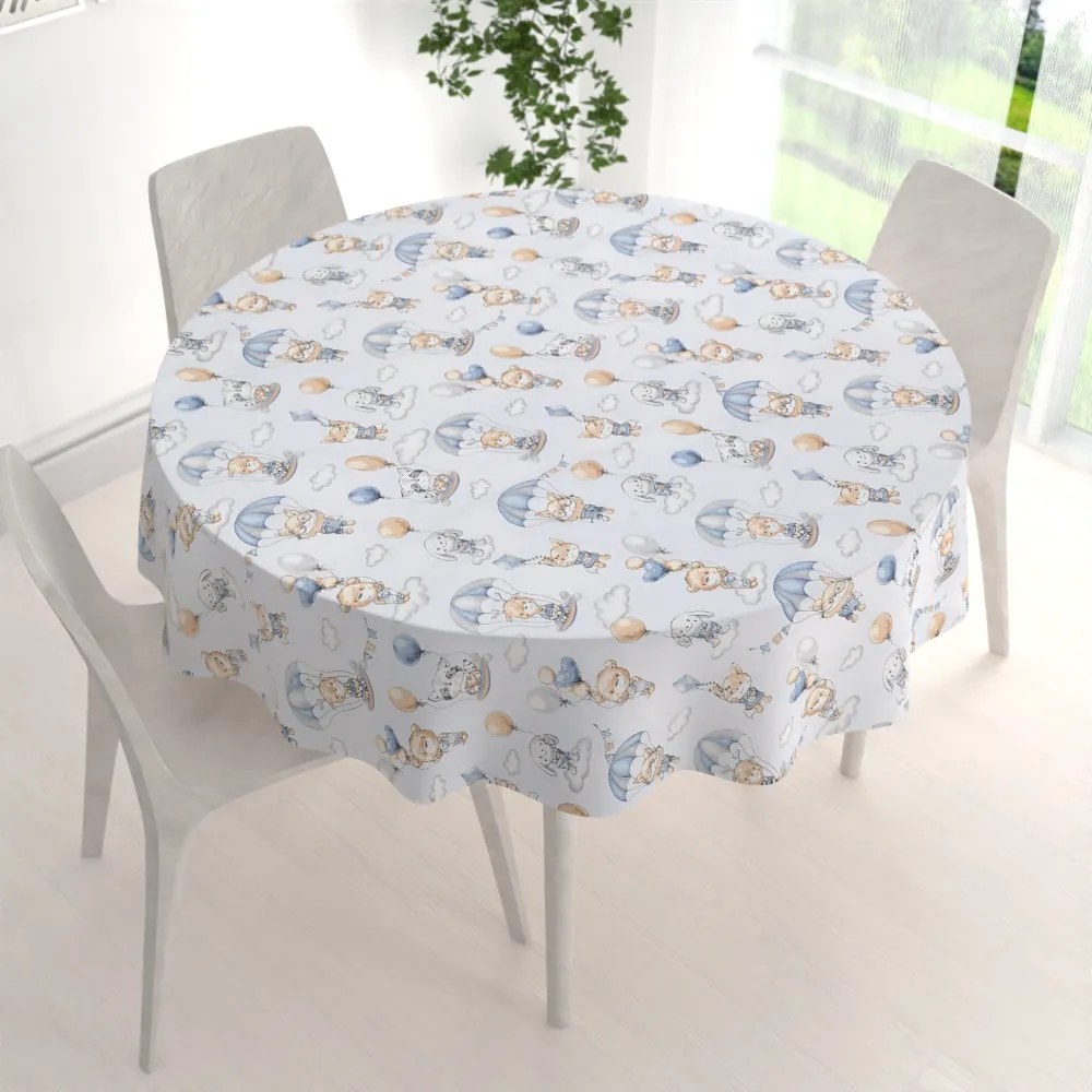 Biante Detský bavlnený okrúhly obrus Sandra SA-469 Zvieratká s padákmi na svetlo modrom Ø 70 cm