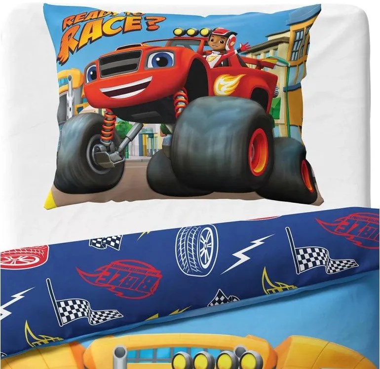 Carbotex Bavlnené obliečky 140x200 + 70x90 cm - Plamienok a štvorkolky "Pripravený na preteky"