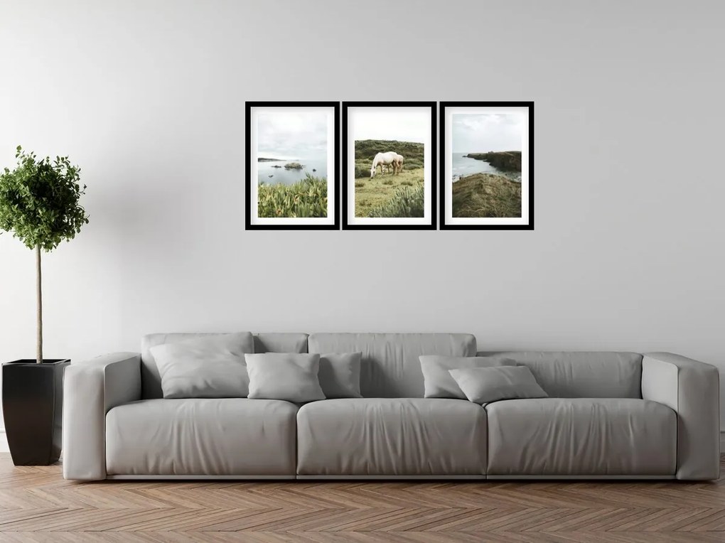 Gario Sada plagátov Pobrežná panoráma - 3 dielna Farba rámu: Rustikálna, Veľkosť: 135 x 63 cm
