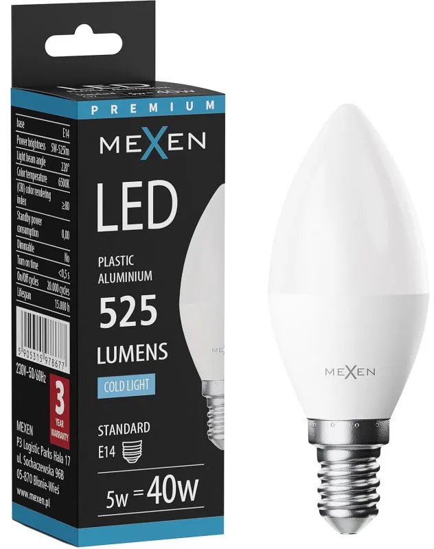 Mexen Nova, LED žiarovka E14, C37, 5W, neutrálna - 4000K, 525 lm - L102-E14-0540-01