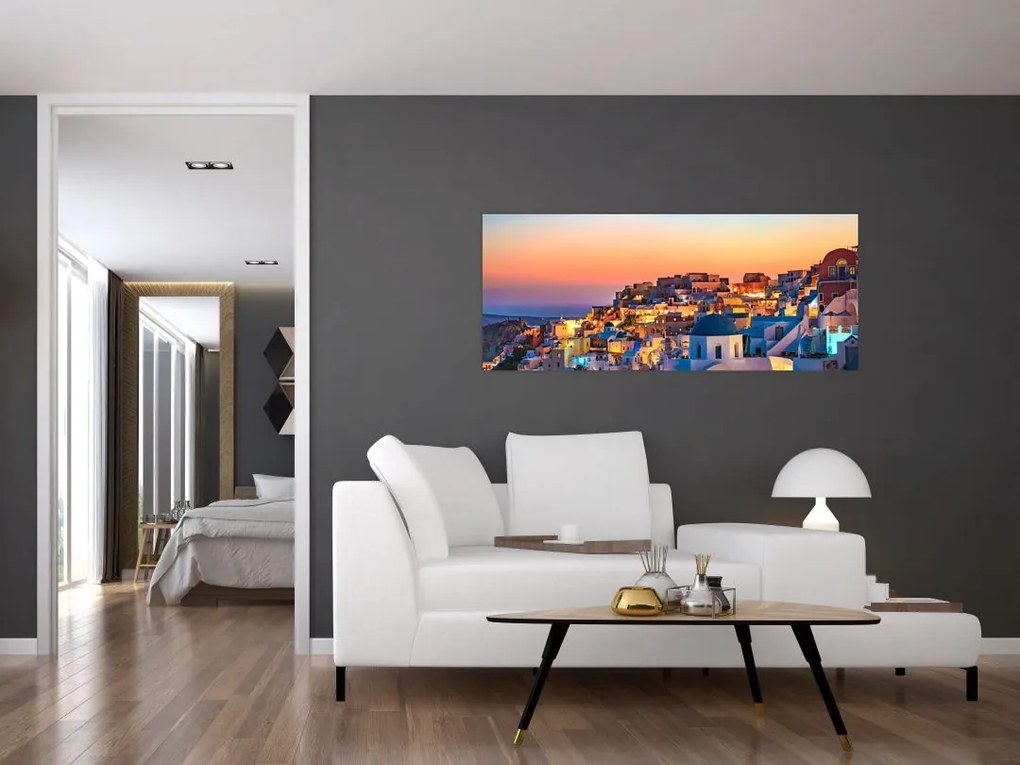 Obraz - Santorini pri zotmení (120x50 cm)