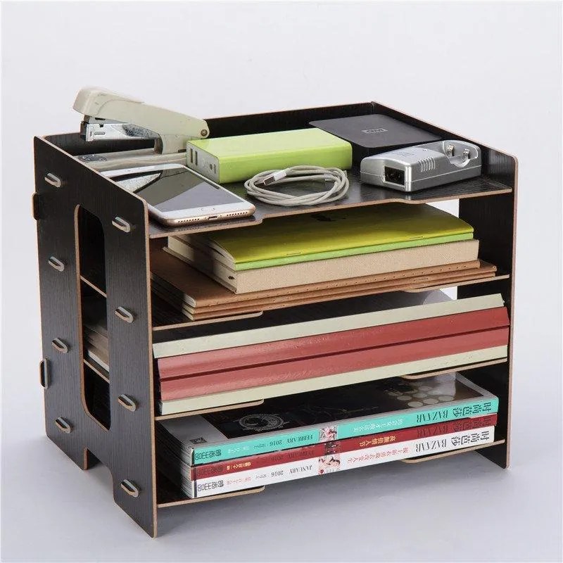 Drevený DIY kancelársky zásobník na dokumenty, organizér na dokumenty 4 priehradky čierny QS205 Čierna