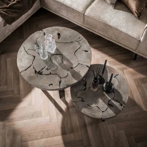 Konferenčný stôl 30-40 Grey 2-set Ø80 a Ø60cm Drevo Teak - Komfort-nábytok