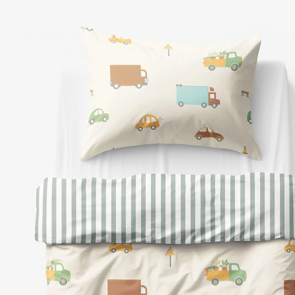 Goldea detské bavlnené obliečky - svet autíčok so šalviovo zelenými prúžkami 150 x 200 a 50 x 60 cm