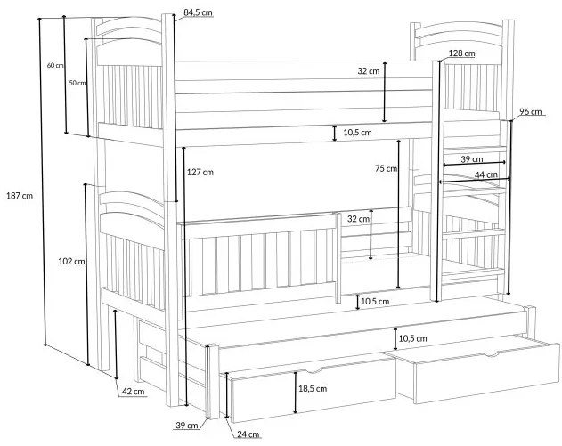 Detská poschodová posteľ z masívu borovice ONDRA s prístelkou a šuplíkmi - 200x90 cm - PRÍRODNÁ BOROVICA