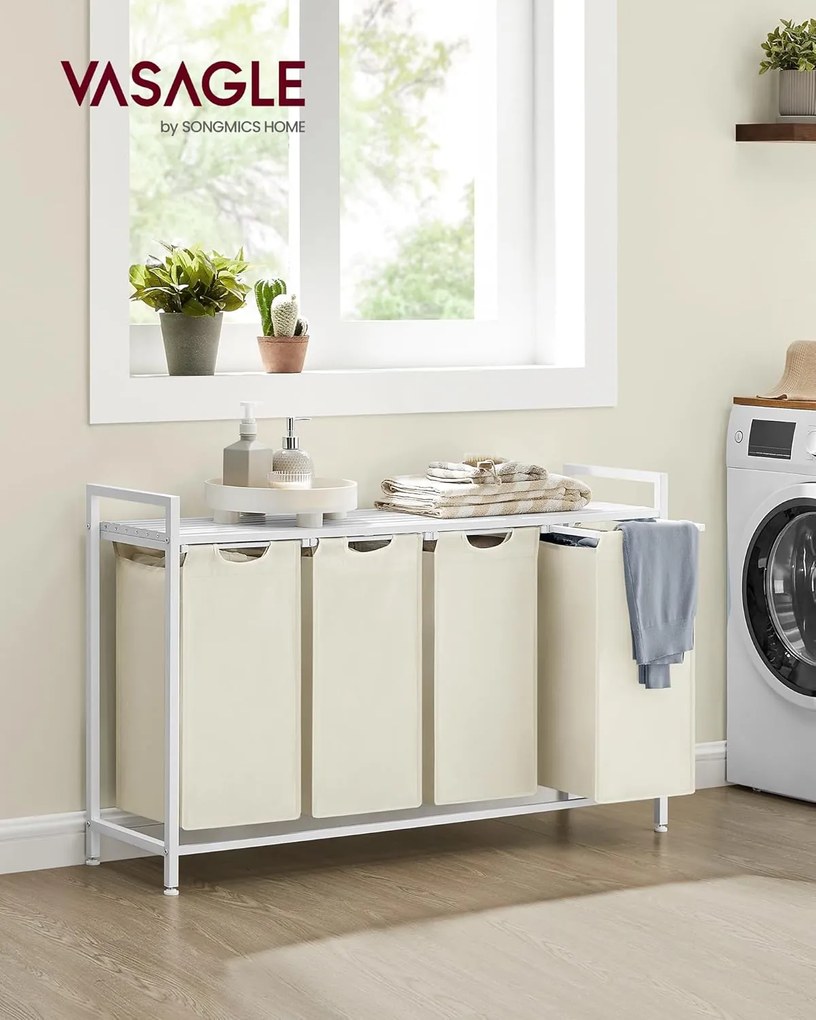 VASAGLE 4-kôšový prádlový kôš 4 × 40 L, 116 × 33 × 72 cm, krémovo biely a matne biely