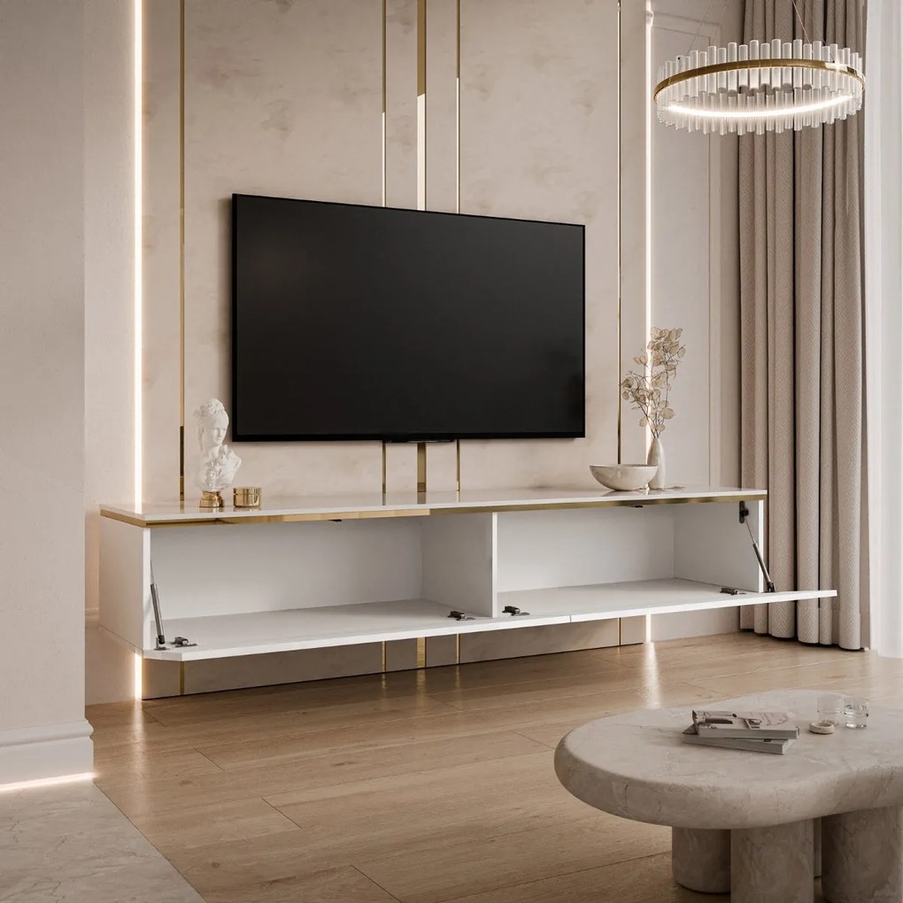 ZÁVESNÝ TV STOLÍK NESSIE BIELY LESK + ZLATÝ 180 cm