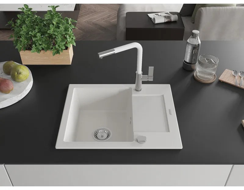 Mexen Enzo, 1-komorový granitový drez 576x465x174 mm a drezová batéria Flora, biela, 6506-20-670401-02
