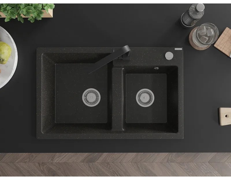 Mexen Tomas, granitový drez 800x500x190 mm, 2-komorový a čierna batéria Rita, čierna-zlatá metalíza, 6516-75-670300-70