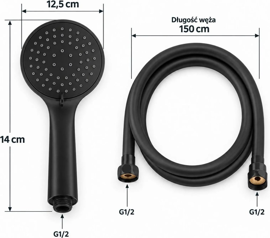 Erga Wemi, 3-funkčná ručná sprcha s hadicou 150 cm, 12,5 × 14 cm, čierna matná, ERG-YKA-BP.WEMI-BLK