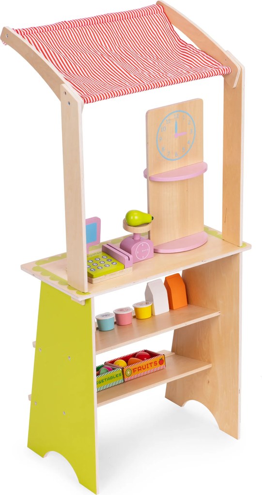 Detský drevený stánok ECOTOYS pre deti 3+ s pokladňou, terminálom, váhou, 20 dielov