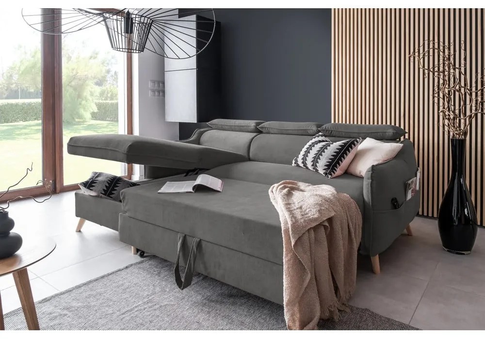 Tmavosivá zamatová rozkladacia rohová pohovka (ľavý roh) Sweet Harmony – Miuform