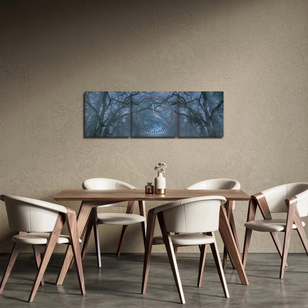 Obraz lesa v hmle (s hodinami) (90x30 cm)