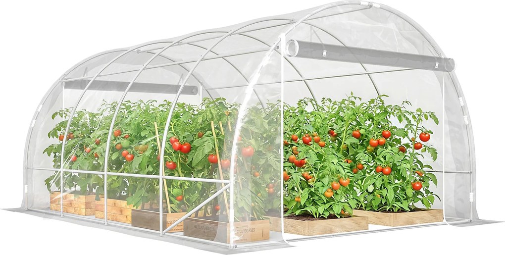 Outsunny 3×4×2 m tunelový záhradný skleník s 2 rolovacími dverami — oceľový rám, UV-odolný PE kryt, 4 diagonálne výstuže, priehľadný | Aosom