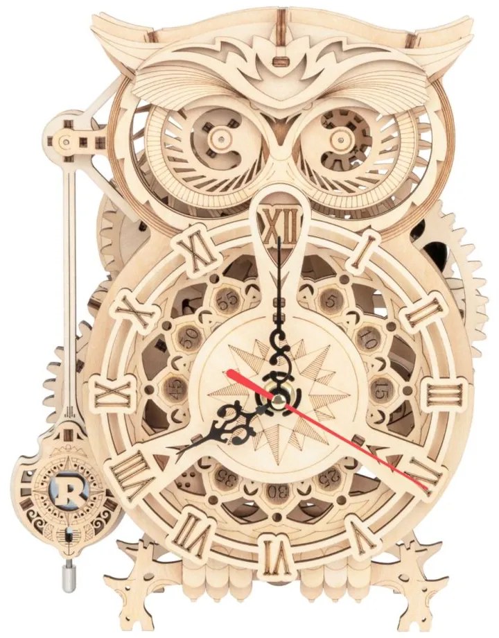 Robotime 3D drevené mechanické puzzle Hodiny Sova kyvadlové 161 ks