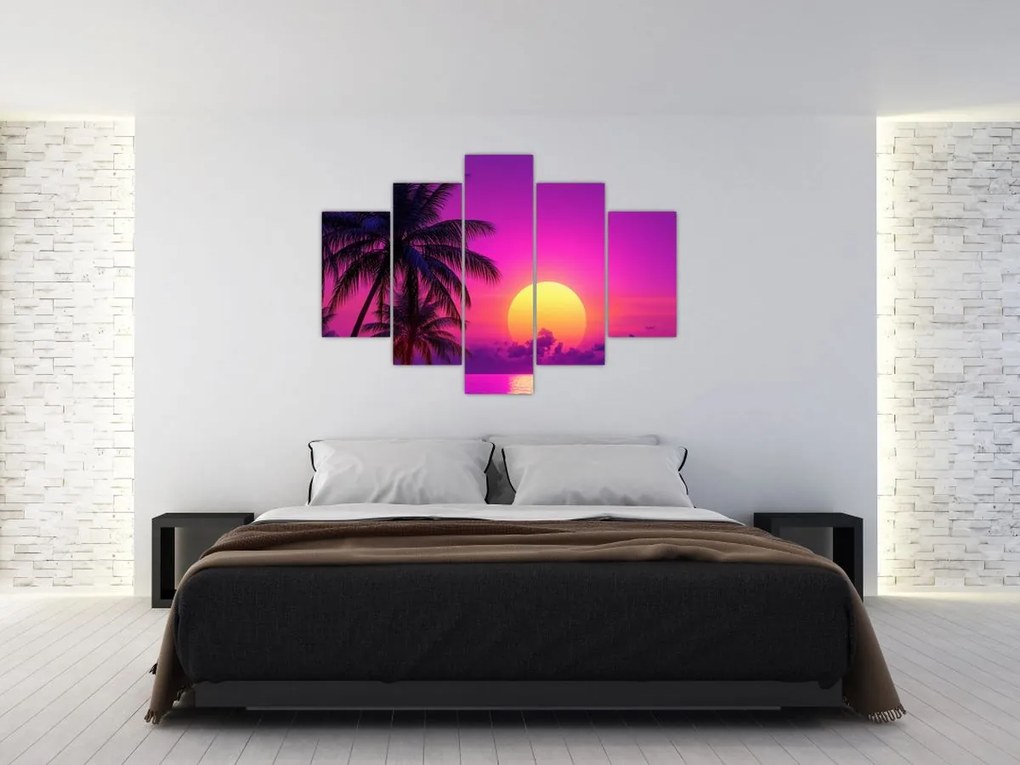 Obraz - Fialový západ s palmou (150x105 cm)
