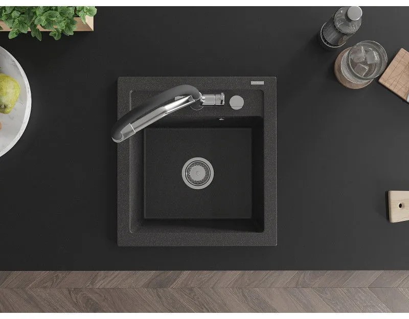 Mexen Vito, 1-komorový granitový drez 520x490x210 mm, drezová batéria Duo, čierna škvrnitá, 6503-76-671701-07