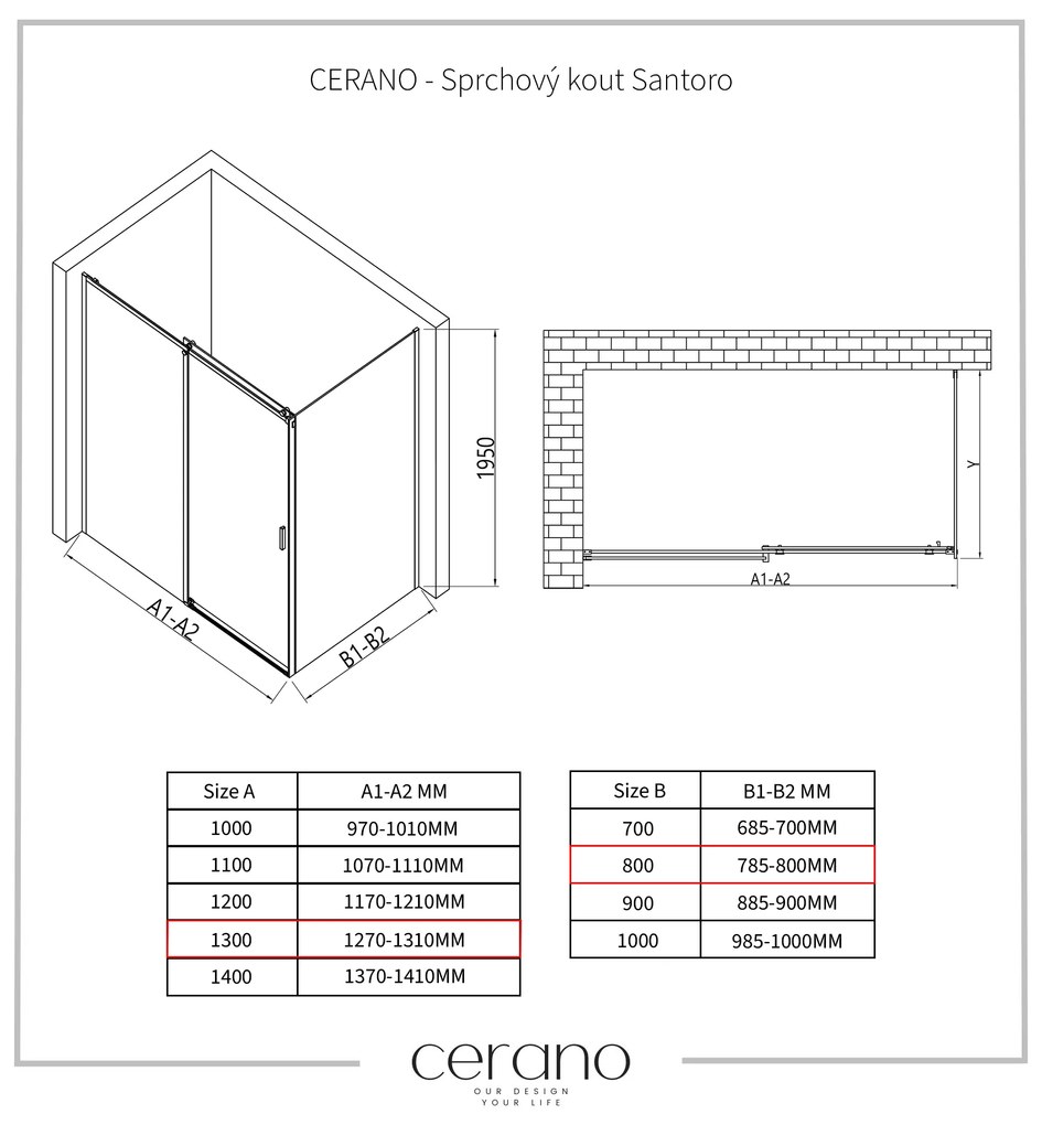 Cerano Santoro, sprchovací kút s posuvnými dverami 130(dvere) x 80(stena) x 195 cm, 6mm šedé sklo, čierny profil, CER-CER-425485