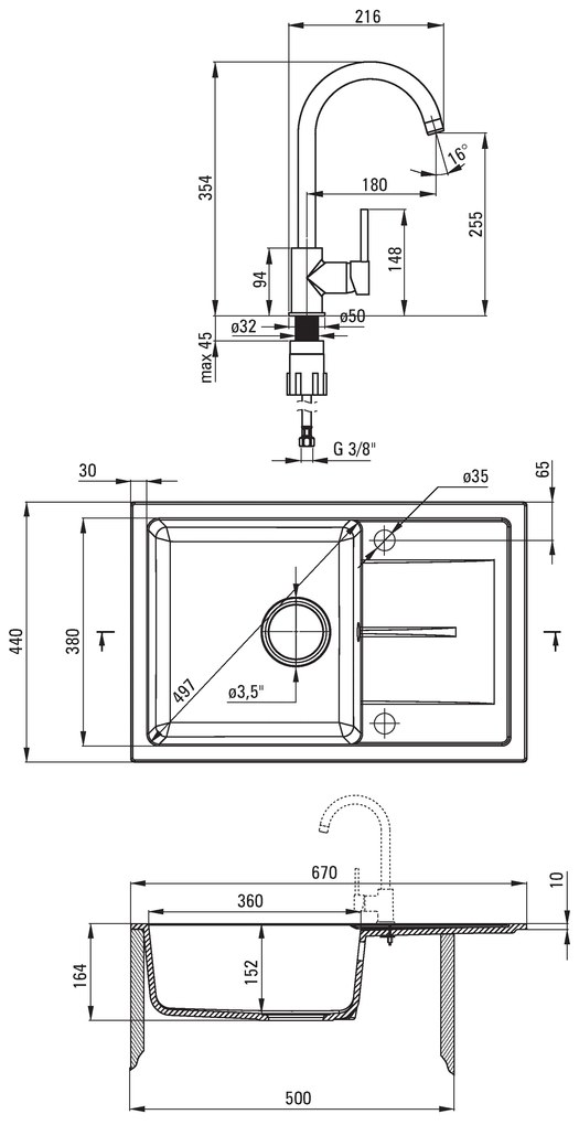 Deante Leda, granitový 1-komorový drez na dosku 670x440x164 mm + drezová batéria BEN 762M piesková + sifón, piesková, ZRDA7113