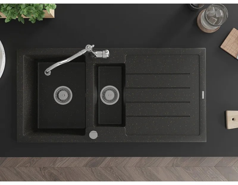 Mexen Andres, granitový drez 1000x500x200 mm, 1,5-komorový a drezová batéria Carla, čierna-zlatá metalíza, 6515-75-670700-00
