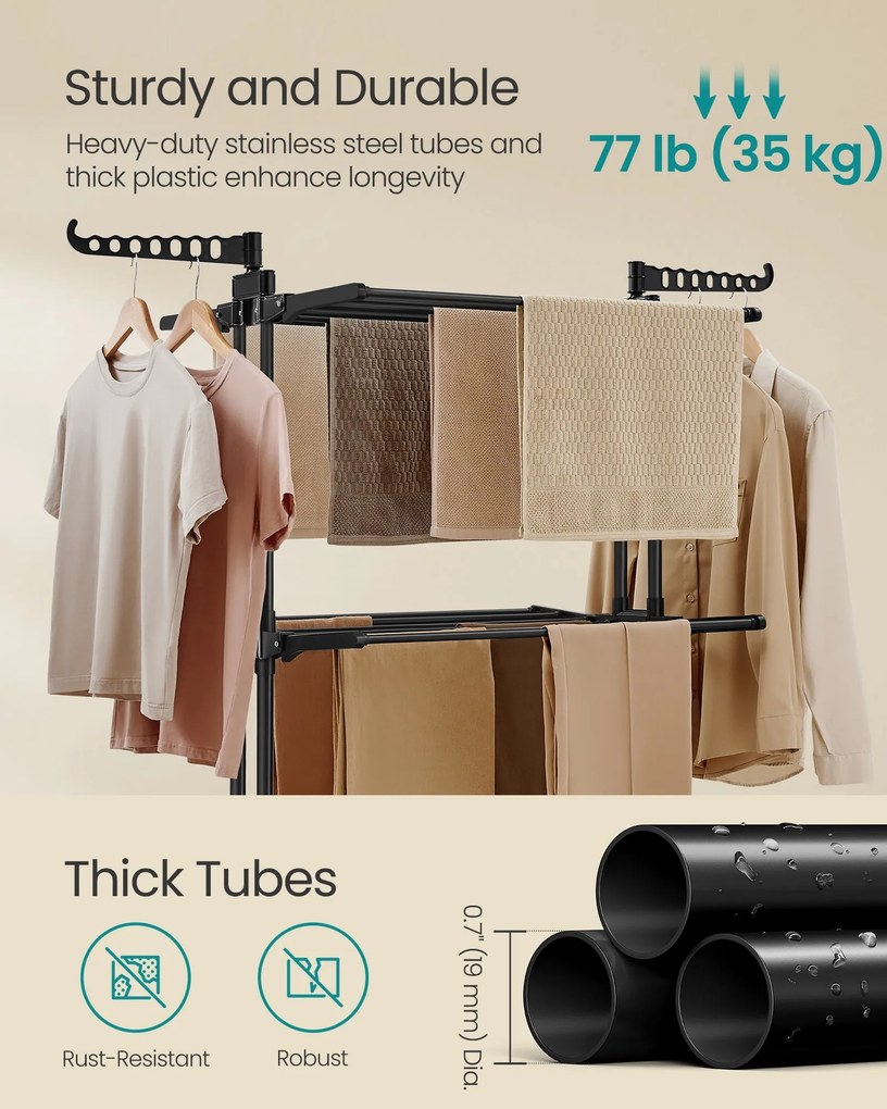 Skladací 4-poschodový pojazdný sušiak na bielizeň, nerez, čierny
