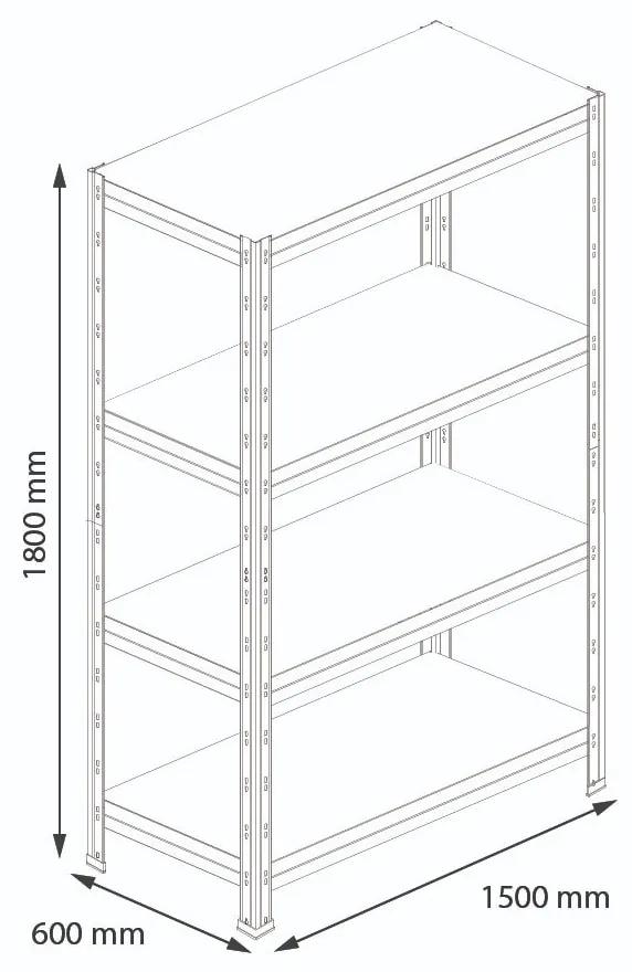 Bezskrutkový kovový regál RIVET, 180x150x60 cm, 4x HDF polica, zinok