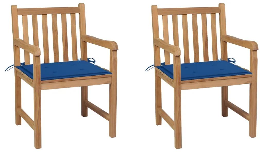 Záhradné stoličky 2 ks kráľovsky-modré podložky teakový masív