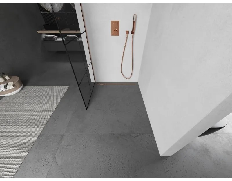 Mexen Kioto, sprchová zástena Walk-In 70 x 200 cm, 8mm číre sklo čierny vzor, medený matný profil, 800-070-101-65-77